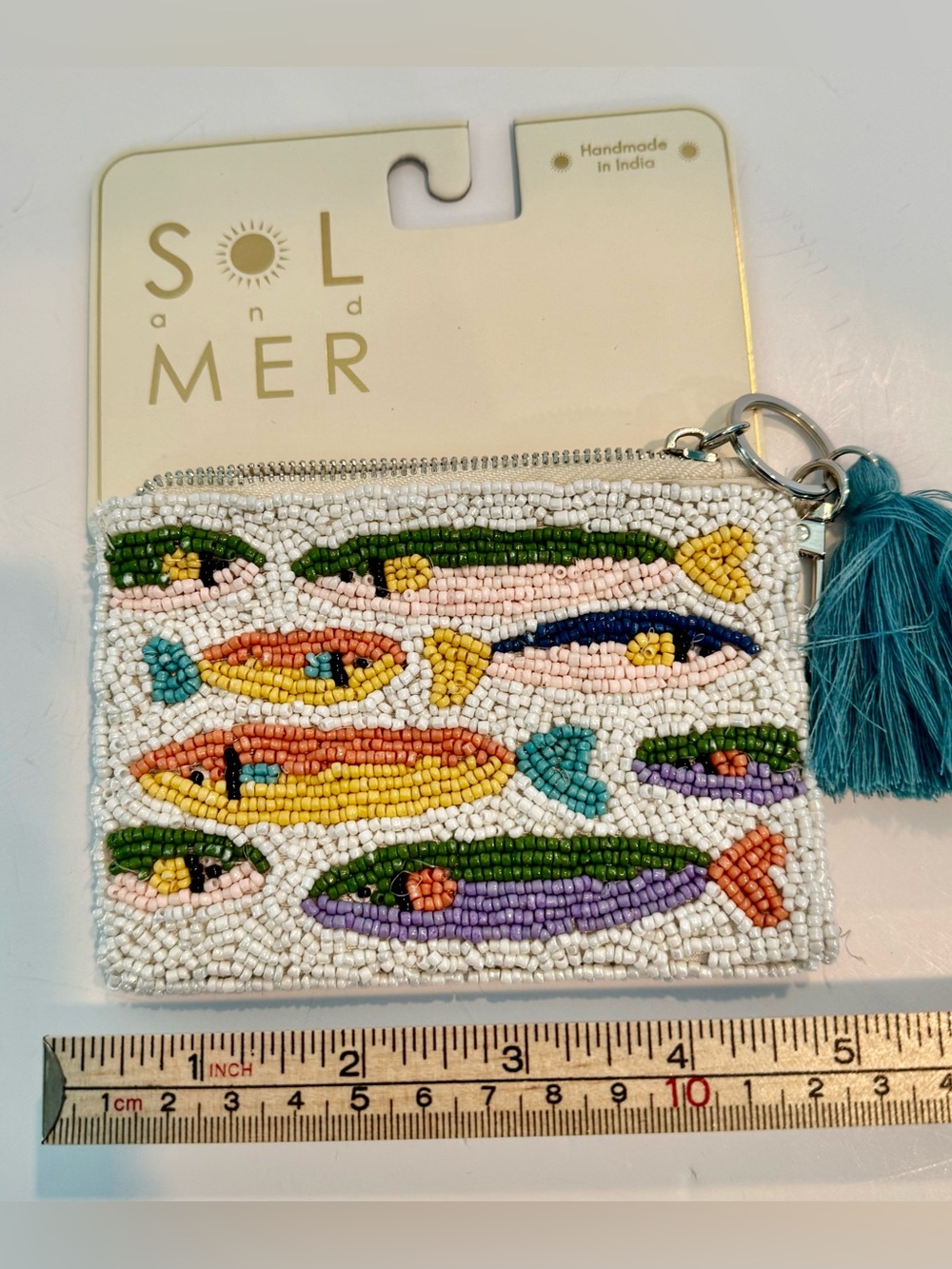 * Beaded Fish Motif Zippered Pouch/Key Chain - Multicolor